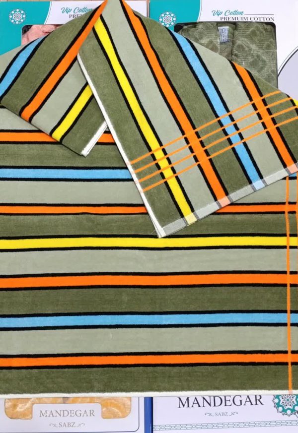 حوله حمام ماندگار راه راه سایز 160 * 95  زیتونی - کالا قسط آرام